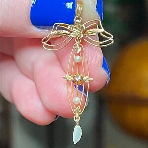 Antique Victorian Diamond Pearl 14k Solid Yellow Gold Lavalier Pendant